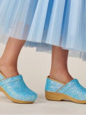 Brand new; perfect condition Dansko XP 2.0 Ice Blue Glitter clogs; size 38